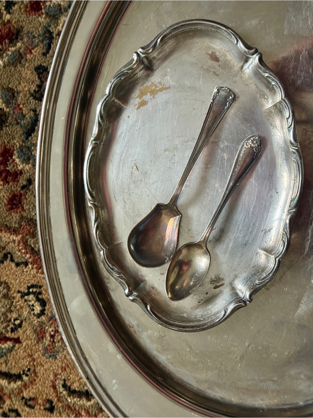 Vintage Oval Tray in Silver Tone, stamped, + two spoons + small tray. PRICE FIRM